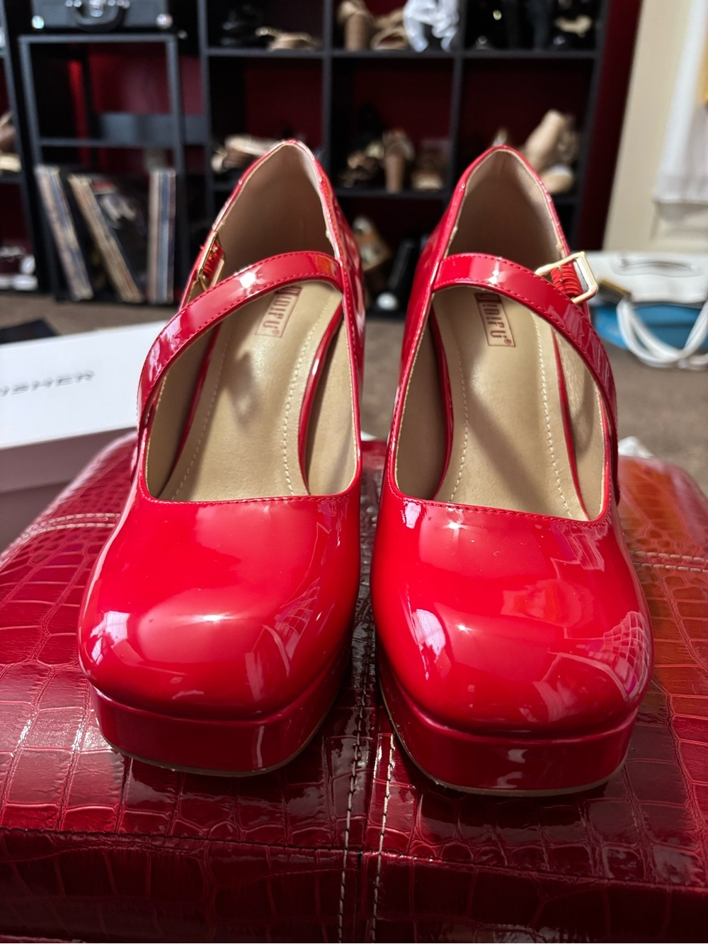 Red Patent Mary Jane Platform Heels - Women